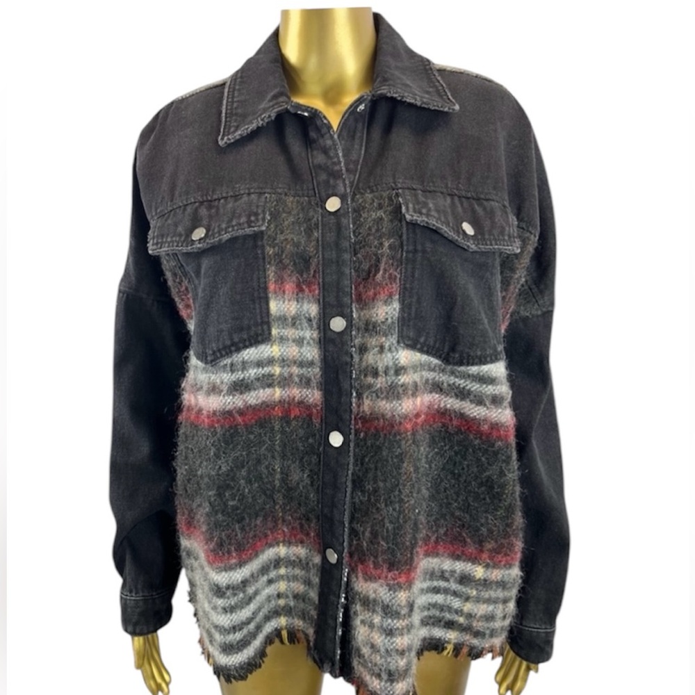 Zara Black Denim Jacket Size Medium Wool Plaid Patchwork Shacket Coat